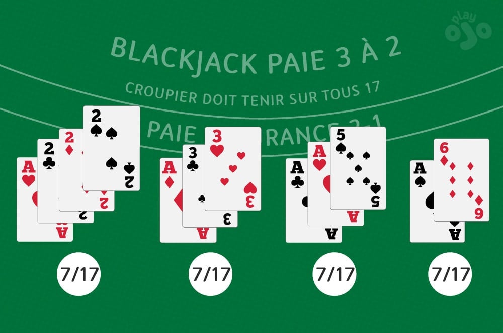 jack noir paie 3 à 2, croupier doit tenir sur tous 17, l' assurance paie 2-1,7/17