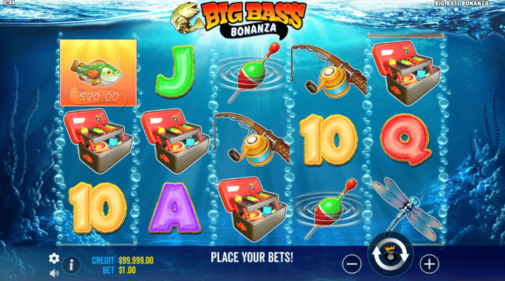 Big Bass Bonanza slot with 5 reel 3 row layout, undersea design, and fishing symbols