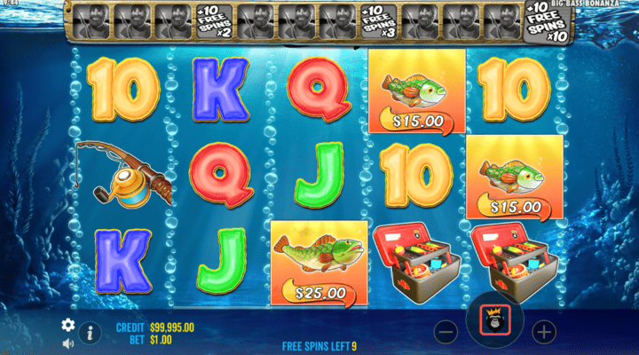 Big Bass Bonanza free spins feature with money fish symbols on reels 3, 4, and 5