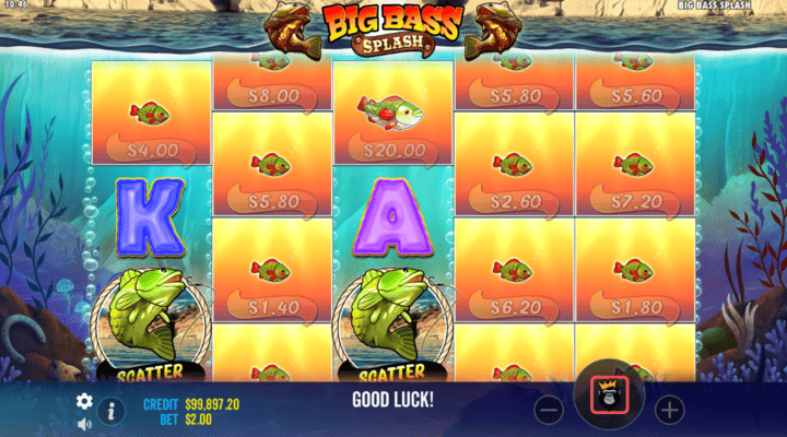 Big Bass Splash extra scatter chance with scatters on reels 1 and 3 moving down one row and remaining reels respinning