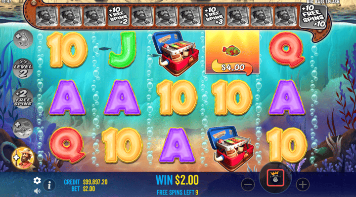 Big Bass Splash free spins feature with extra fisherman modifier highlighted on the left