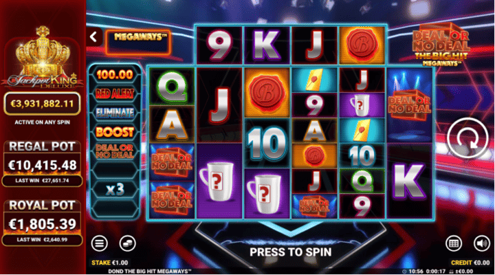Deal or No Deal The Big Hit Megaways slot with six vertical reels, one horizontal reel, a bonus trail, and two jackpots
