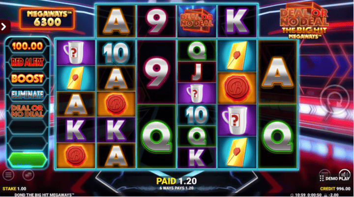 Deal or No Deal The Big Hit Megaways slot with a bonus trail containing features, instant prizes, and reel effect