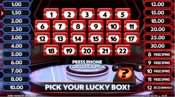 Deal or No Deal The Big Hit Megaways Deal or No Deal feature with blue prizes, red prizes and spins, and 22 boxes