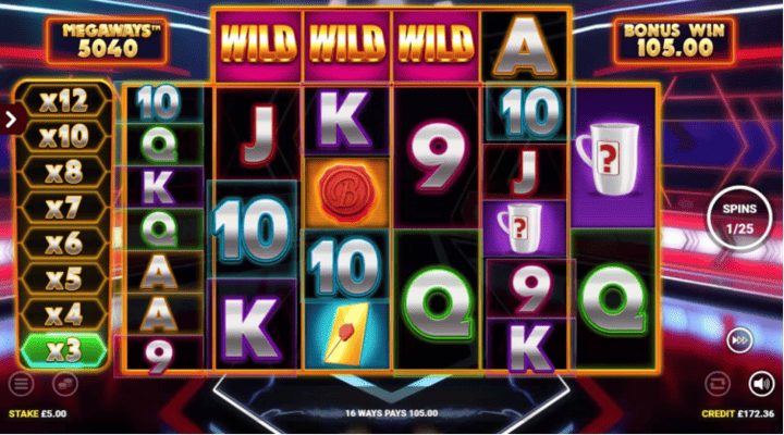 Deal or No Deal The Big Hit Megaways free spins feature with a multiplier trail containing up to 12x multipliers