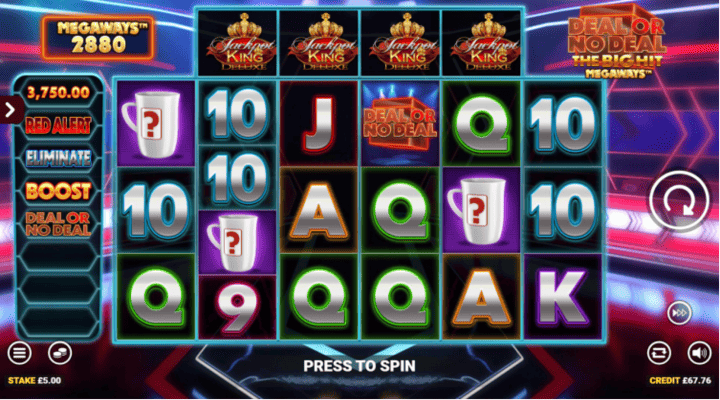 Deal or No Deal The Big Hit Megaways slot with four jackpot king deluxe symbols in the horizontal reel along the top