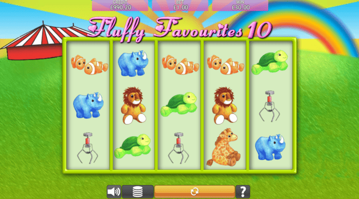 Fluffy Favourites 10 slot with 5 reels, 3 rows, and a fairground plushies design