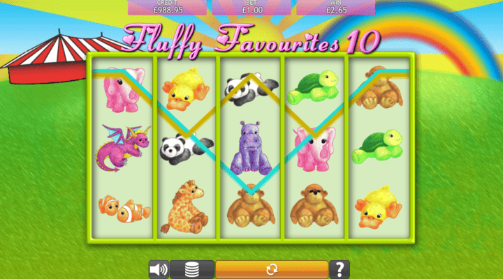 Fluffy Favourites 10 slot with a pink elephant wild doubling the payouts of two winning lines