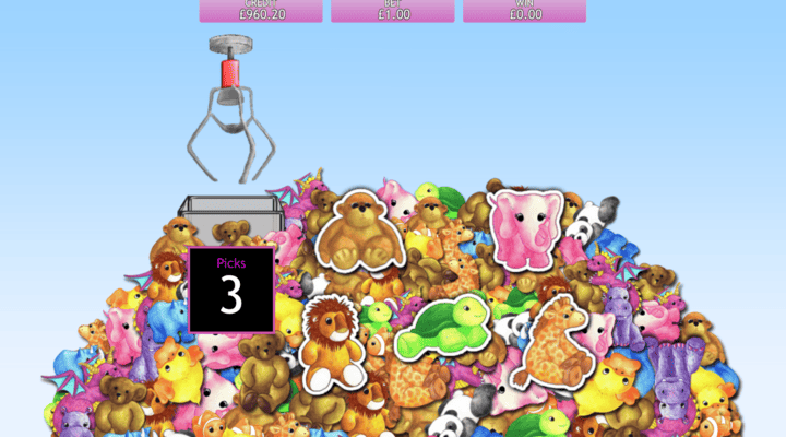 Fluffy Favourites 10 Toybox Pick feature with a claw machine design and a large pile of plushies