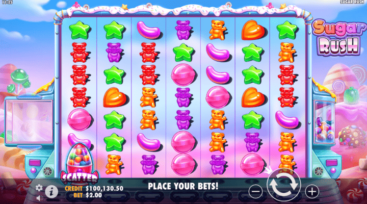 Sugar Rush slot with 7x7 grid layout, candyland design, and sweets symbols