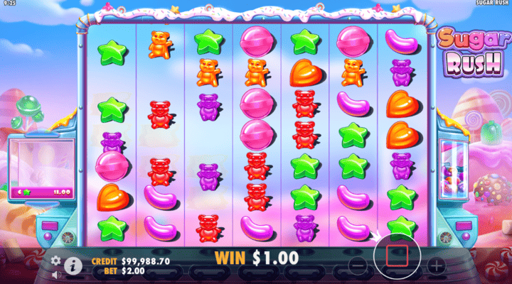 Sugar Rush tumbles feature with gaps between the falling sweets symbols
