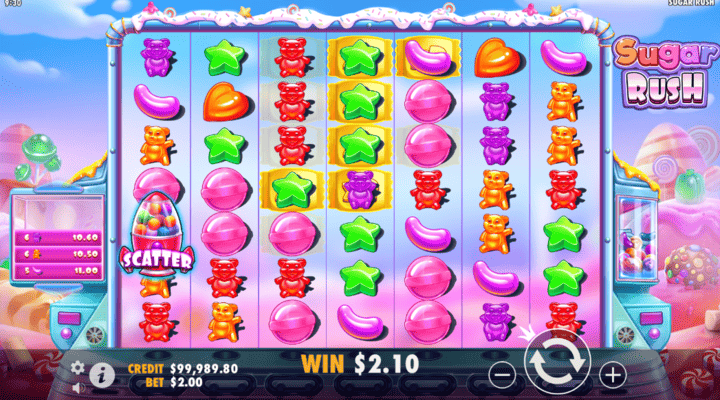 Sugar Rush multiplier spots feature with yellow wrapped sweets behind some regular sweets symbols