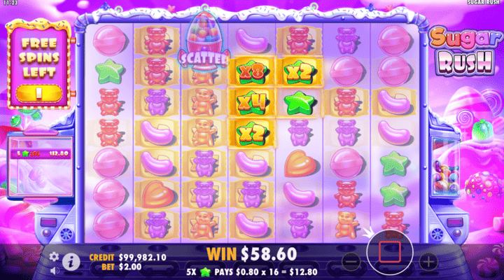Sugar Rush free spins feature with 2x, 4x, and 8x sticky multipliers on some sweet symbols
