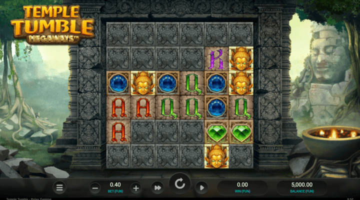 Temple Tumble Megaways slot with a 6x6 grid of symbol stones and plain stone blocks