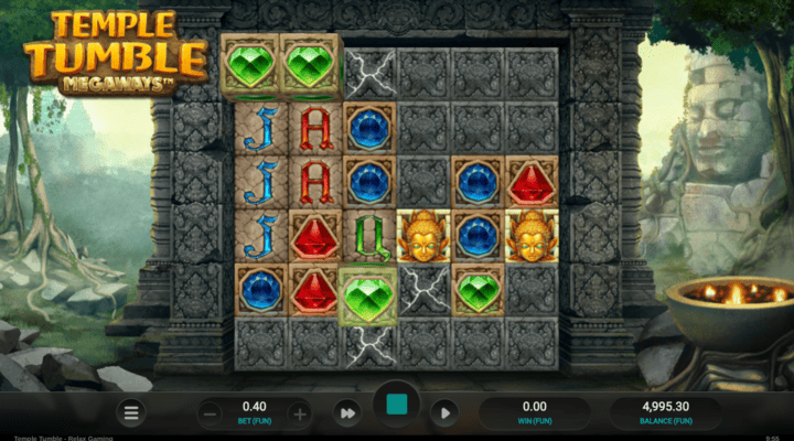 Temple Tumble Megaways slot with winning symbols breaking adjacent plain stone blocks