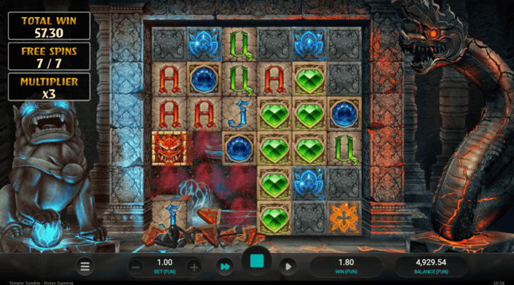 Temple Tumble Megaways free spins feature with blue extra spins markings and orange multiplier markings