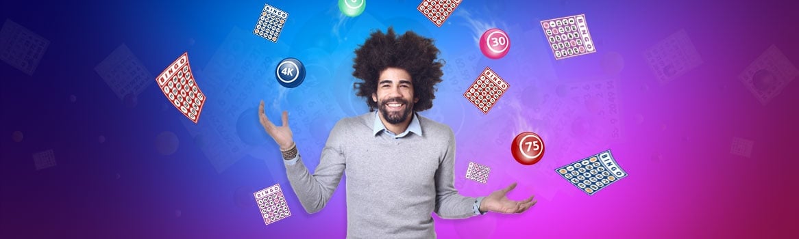 alt="a person standing in a mid of bingo balls and bingo tickets"