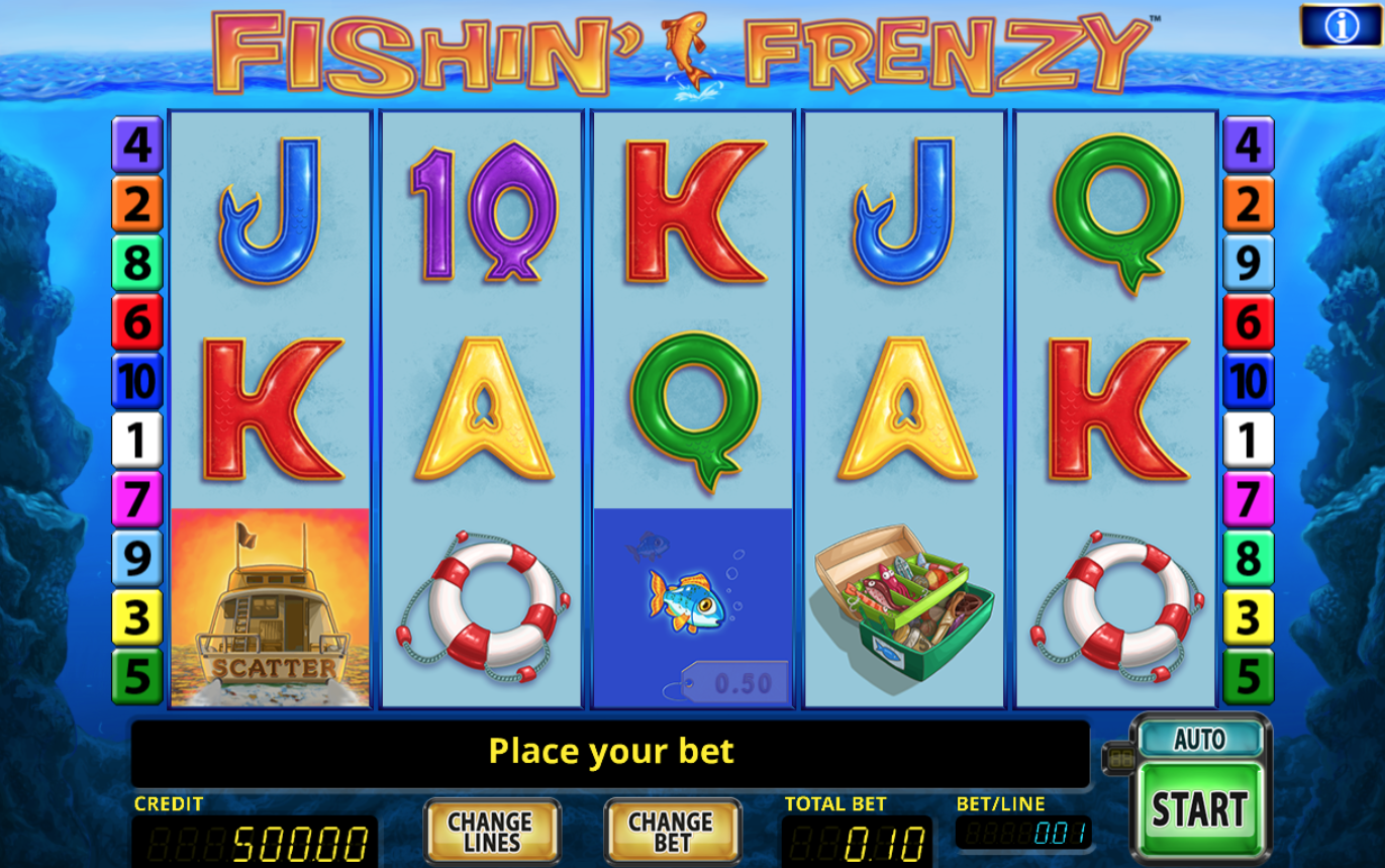 A screenshot of the Fishin Frenzy online slot game