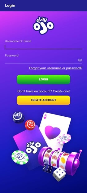 PlayOJO mobile app login screen with username and password fields and a green Login button
