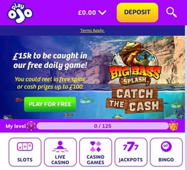 PlayOJO mobile app home page with yellow Deposit button in the top right corner