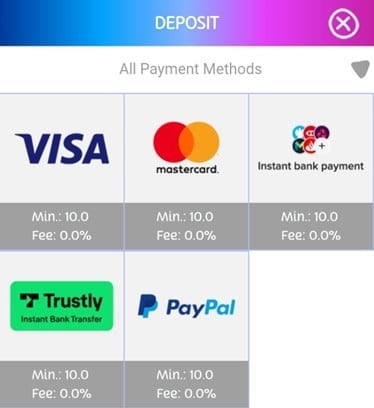 PlayOJO mobile app payment methods page with Visa, Mastercard, bank transfer, Trustly, and PayPal options