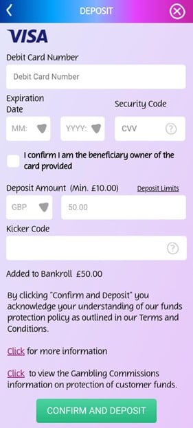 PlayOJO mobile app Visa deposit page with card number, expiration date, security code, and deposit amount fields