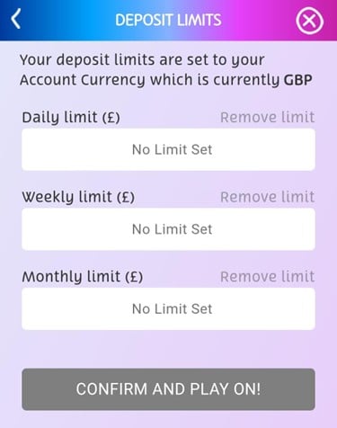 PlayOJO mobile app deposit limits page with daily, weekly, and monthly limits fields