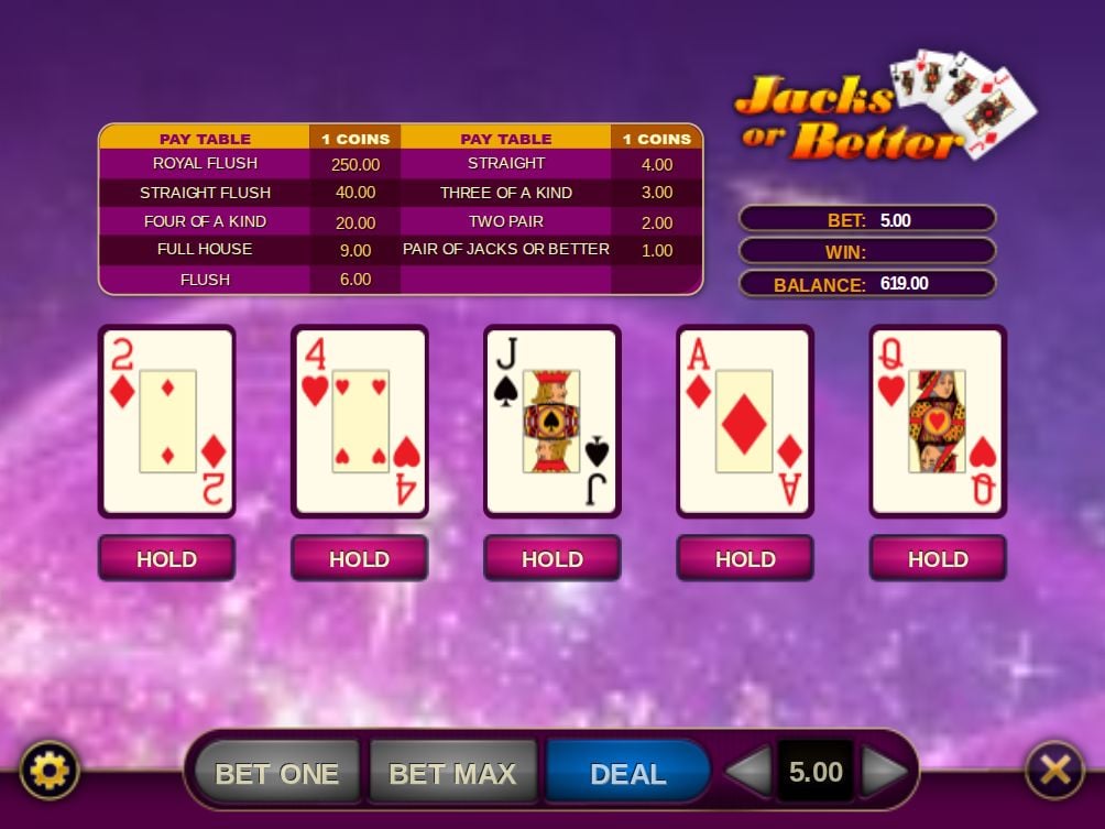 Jacks or Better video poker Jacks or Better video poker game screen with paytable at the top and five cards dealt underneath