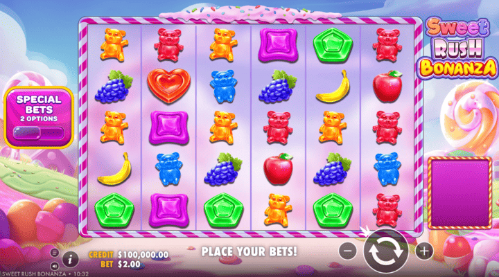 Sweet Rush Bonanza slot with 6 reels, 'pays anywhere' mechanism, and colourful sweet and fruit symbols 