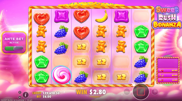 Sweet Rush Bonanza slot with symbols involved in a tumble disappearing to reveal x2 multipliers 