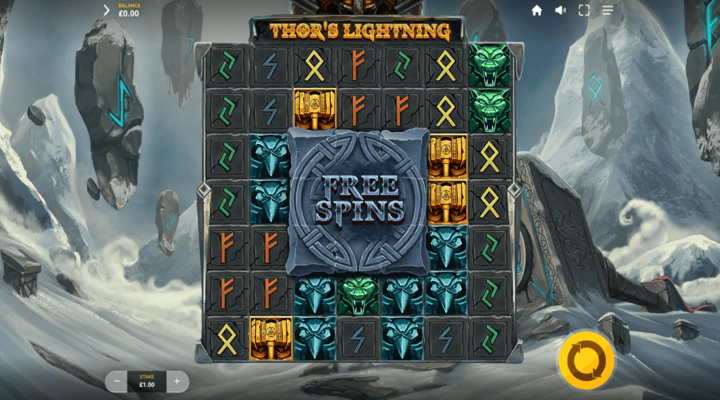 Thor's Lightning slot Thor's Lightning slot with a 7x7 grid layout, rune and monster symbols, and 9 locked positions in the centre