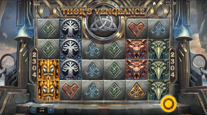 Thor's Vengeance slot Thor's Vengeance slot with 4-4-3-3-4-4 layout, card suit and monster symbols, and 2,304 ways to win