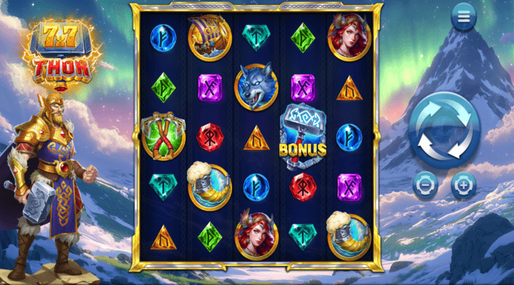 7x7 Thor slot 7x7 Thor slot with 5x5 initial grid layout, rune and norse item symbols, and a hammer bonus symbol