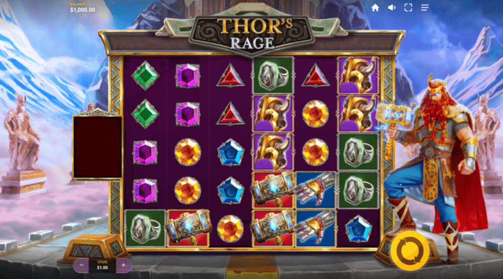 Thor's Rage slot Thor's rage slot with a 6x5 reel set, gem and Thor item symbols, and Thor character to the right of the reels