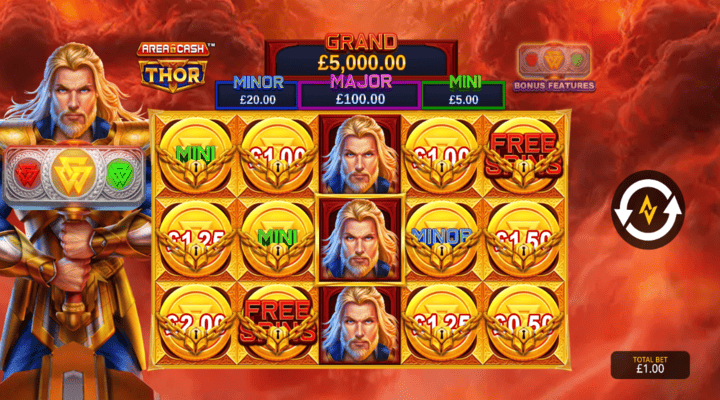 Area Cash Thor slot Area Cash Thor slot with a 5x3 reel set, prize coin symbols, and four fixed jackpots