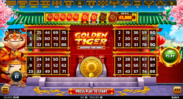 Golden Tiger Jackpot Fortunes video bingo game with Eastern cherry blossom and tiger design, four 5x3 tickets, and 5,000x jackpot
