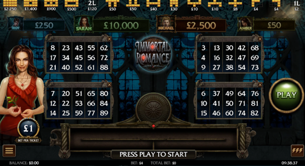 Immortal Romance video bingo game with four 5x3 tickets, 15 winning patterns, and a dark and mysterious design