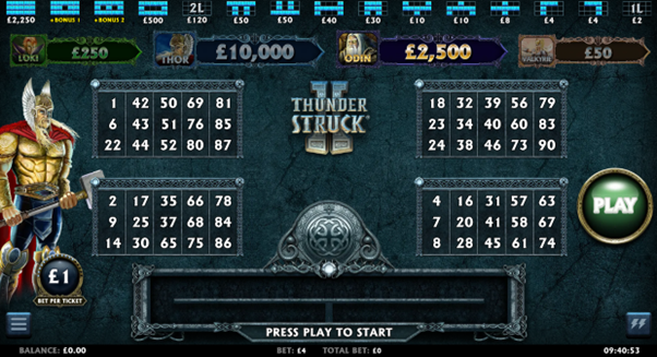 Thunderstruck II video bingo game with four 5x3 tickets, 15 winning patterns, and four jackpots