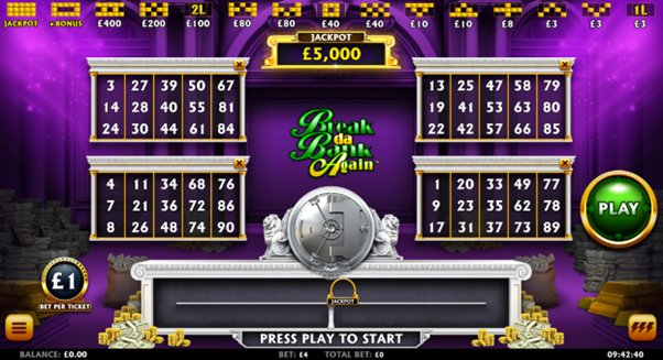  Break Da Bank Again video bingo with purple design, silver vault, four 5x3 tickets, 15 winning patterns, and a 5,000x jackpot