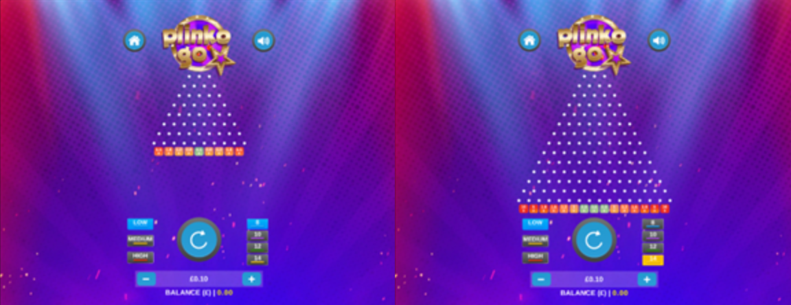 Plinko Go slot with 8 pin rows on the left and 14 pin rows on the right