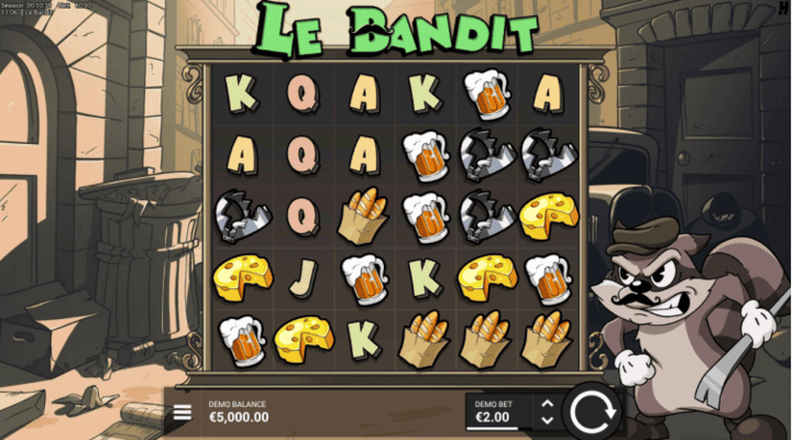 Le Bandit slot with 6 reels, 5 rows, cheese, baguette, beer, and trap symbols, and a raccoon with a crowbar 