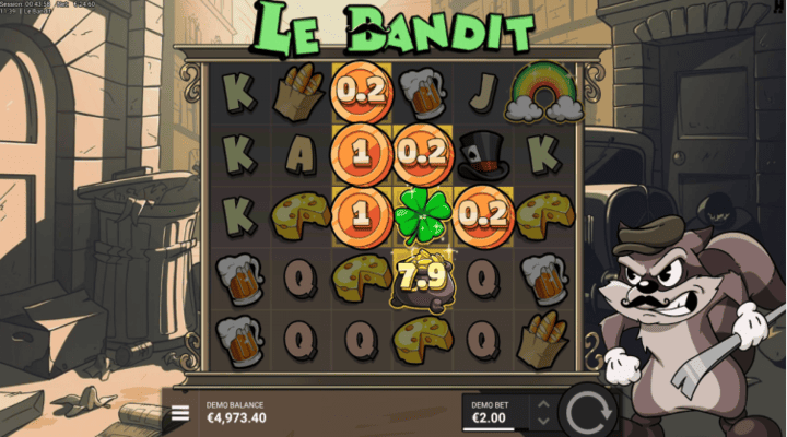 Le Bandit slot Win to Win feature with a rainbow symbol triggering 5 bronze coins, a pot of gold, and a four-leaf clover 