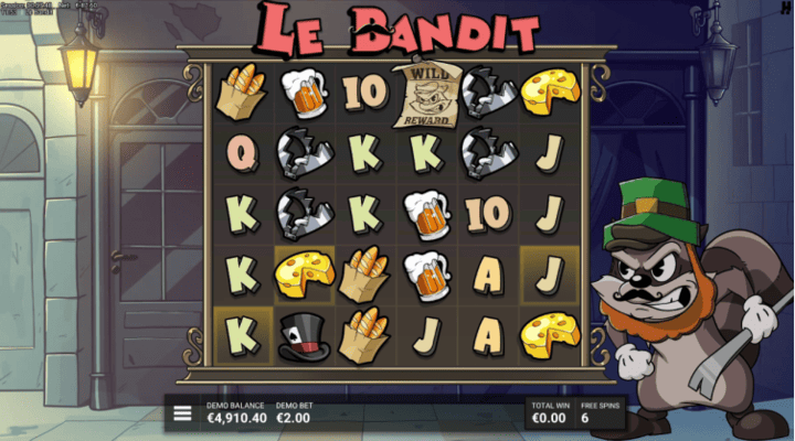 Le Bandit slot Luck of the Bandit free spins feature with sticky Golden Squares and an Irish disguised raccoon
