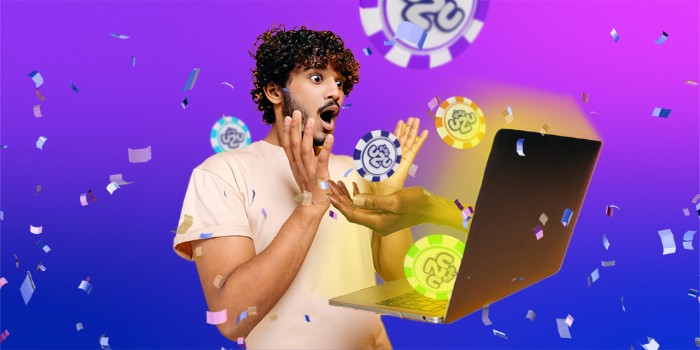 Hombre sorprendido viendo de frente a su computadora, asombrado por estar ganando en PlayUZU.