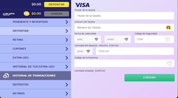 Página de depósito con tarjeta Visa de PlayUZU