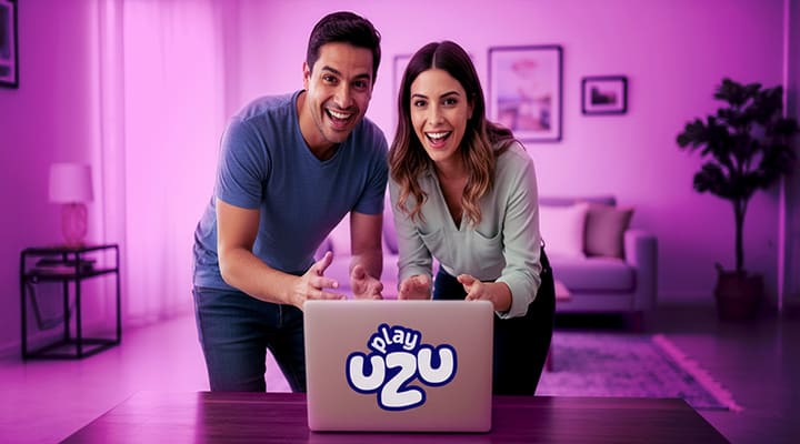 HOMBRE DE ALREDEDOR DE 35 AÑOS JUNTO A UNA MUJER A SU LADO DE ALREDEDOR DE 30 AÑOS LOS CUALES AMBOS ESTEN VIENDO DE FRENTE CON UNA SONRISA MUY GRANDE MIENTRAS SE DIVIERTEN EN PLAYUZU SENTADOS EN UNA MESA