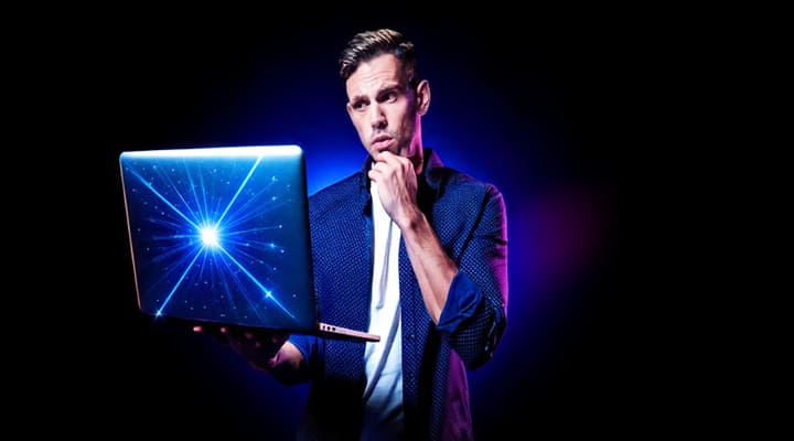 HOMBRE DE ALREDEDOR DE 30 AÑOS, EL CUAL ESTÉ SOPRENDIDO Y CON UNA CARA DE INCÓGNITA, VIENDO DE FRENTE A SU COMPUTADORA; SE ENCUENTRE SENTADO EN UN ESCRITORIO A PUNTO DE DARLE CLICK A SU COMPUTADORA