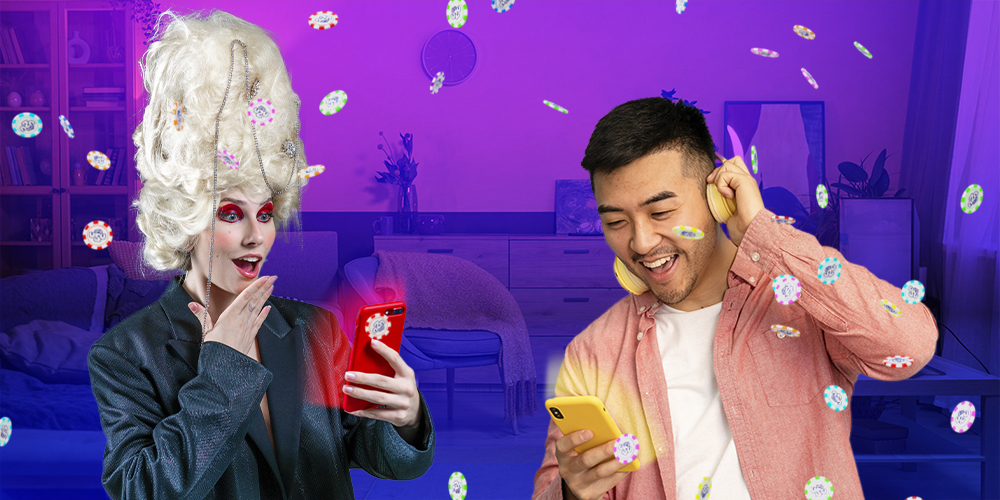 Drag queen jugando dentro. de PlayUZU en su teléfono junto con su amigo.