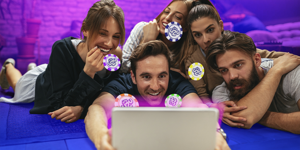 Muchos amigos juntos jugando en un mismo lugar su slot favorito de PlayUZU con mucha emoción.