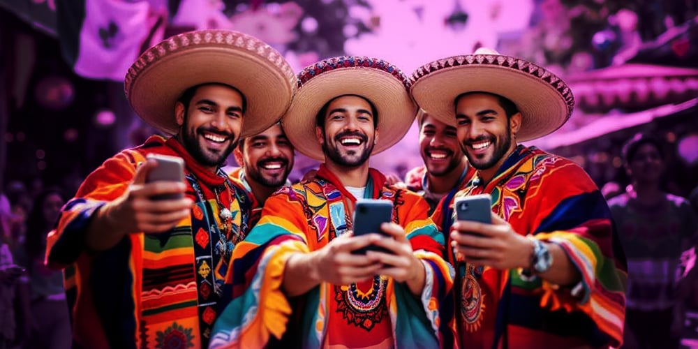 Grupo de personas como si estuvieran en una fiesta mexicana, pero que algunos de esos grupos tengan su teléfono en mano mientras los demás ven cómo ellos juegan, y uno de ellos está celebrando que están ganando en PlayUZU y otros por la noche mexicana. 